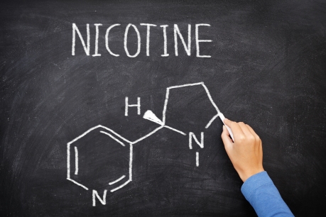 Nicotine molecule chemical structure on blackboard. Chemical str